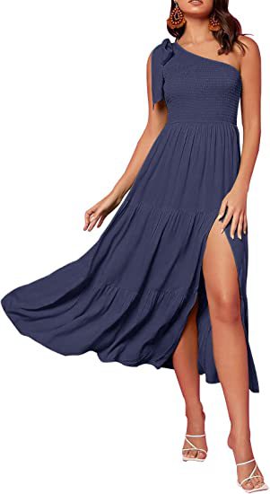 2024 New Summer Fashion Women's One-shoulder Pleated Layered Hem Split Dress