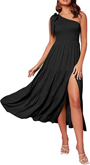 2024 New Summer Fashion Women's One-shoulder Pleated Layered Hem Split Dress