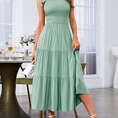 2024 New Summer Fashion Women's One-shoulder Pleated Layered Hem Split Dress